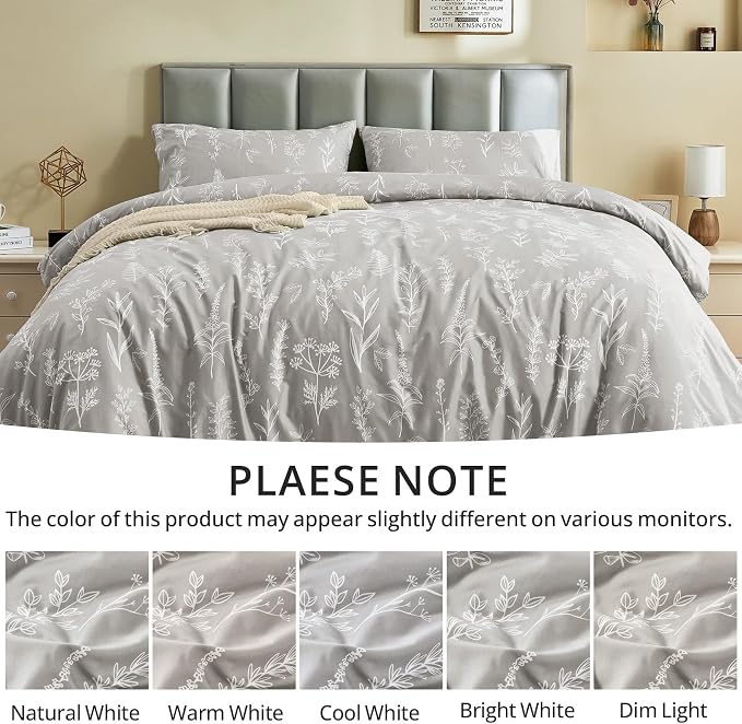 MUXHOMO Duvet Cover King Size, Reversible Floral Silver Gray Duvet Cover Set - Image 7