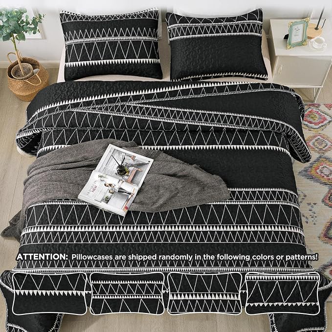 Andency Black California King Quilt Set, 3 Pieces Boho Lightweight Soft Striped - Image 5