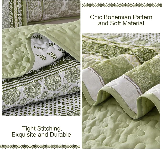 WONGS BEDDING Boho Quilt Set King Size, Sage Green Bohemian 3 Pieces Quilt Sets - Image 6