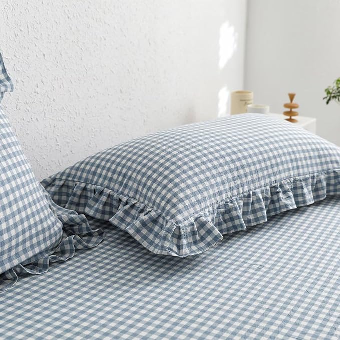 MKXI Blue and White Gingham Duvet Cover Queen Size, 3-Piece Bedding Set - Image 7