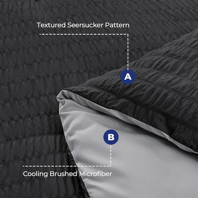 HYMOKEGE Black/Light Grey Twin XL Comforter Set Seersucker 5 Pieces, All Season - Image 4