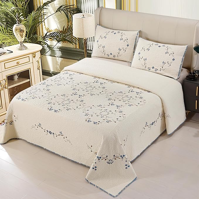 Quilt Set Blue Floral 3D Embroidery Pattern 2 PCS 100% Cotton Reversible - Image 2