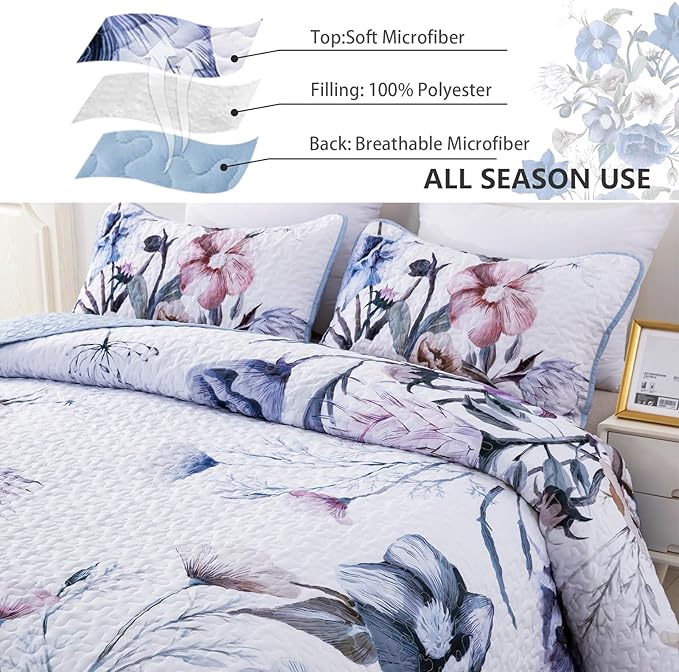Floral Quilt Set Queen 3 Pieces Light Blue Floral Quilt Coverlet Set Soft - Image 5