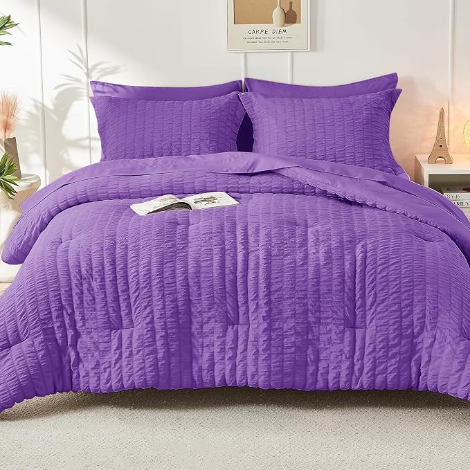 HYMOKEGE Bright Purple Full Size Comforter Sets Seersucker 7 Pieces, All Season - Image 9