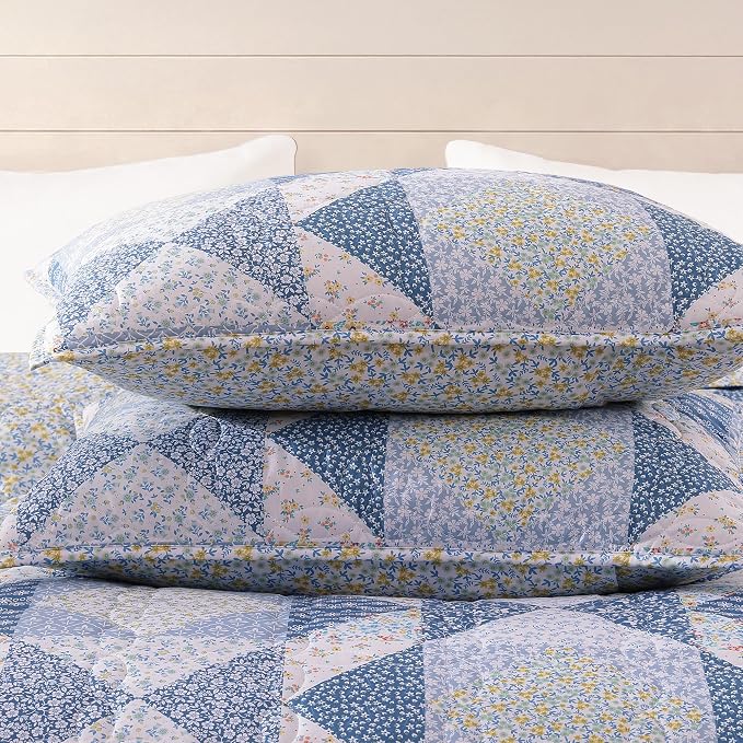 BLOOMHAVEN Quilt Set Twin Size, Patchwork Blue Marigold Floral Quilt Sets - Image 5