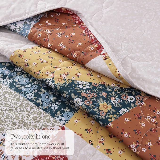 BLOOMHAVEN Quilt Set Twin Size, Patchwork Burnt Orange Floral Quilt Sets - Image 3