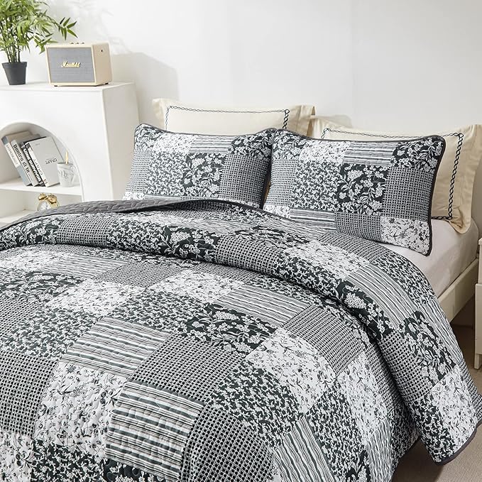 Mybedsoul Black Grey Boho Quilt Set Queen Size, 3 Pieces Plaid Floral Bedspread - Image 2