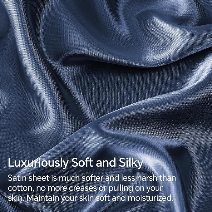 BEDELITE Satin Sheets Full Size Bed Set, Luxury Soft Navy Silky Sheet - Image 3