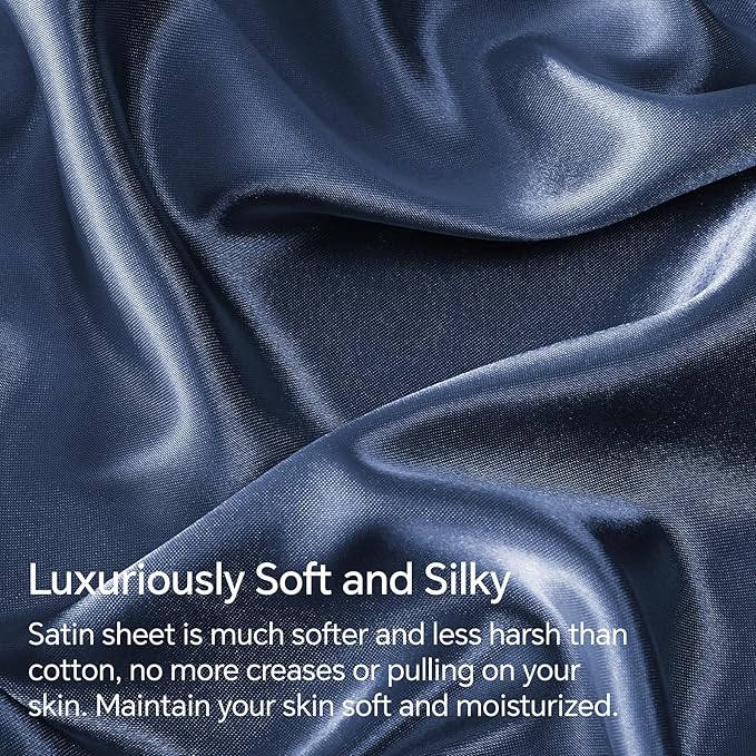 BEDELITE King Size Sheets Set, Luxury Soft Navy Satin Sheets - Image 3