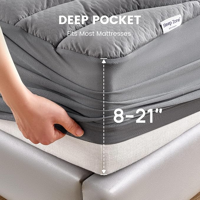 SLEEP ZONE Waterproof King Mattress Pad, Soft Mattress Topper, Fitted Mattress - Image 5