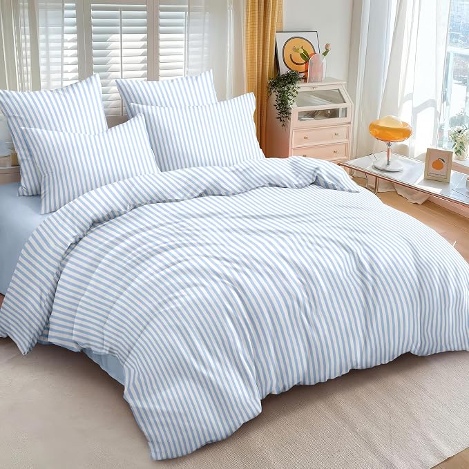 Nayoroom Blue Striped Duvet Cover King Size White Stripe Duvet Cover Dorm - Image 2
