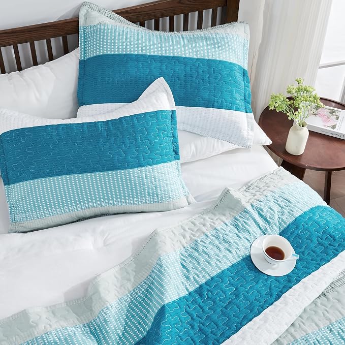 Andency Teal White Quilt Twin, 2 Pieces Patchwork Bedspread Coverlet Set - Image 3
