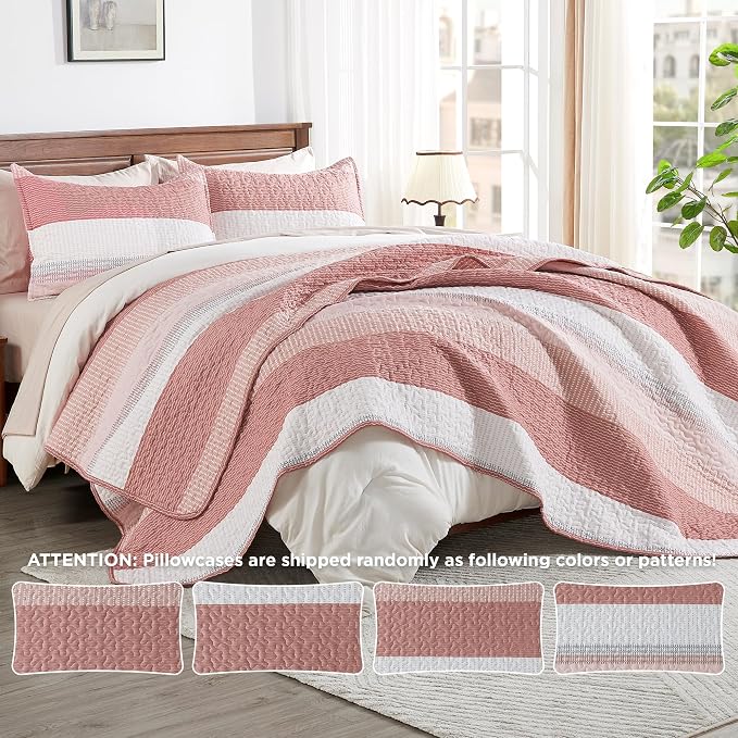 Andency Queen Quilt Bedding Set Blush Pink, 3 Pieces Patchwork Summer Striped - Image 6