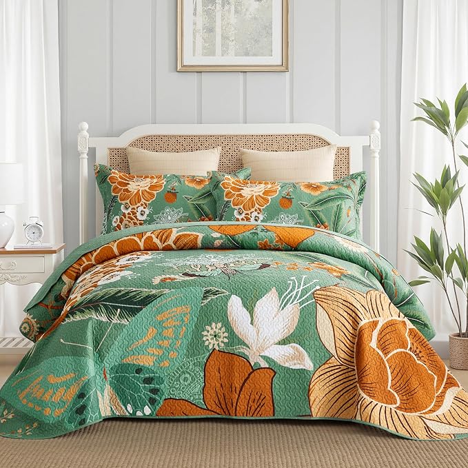Tyrot 3 Piece Sage Green Boho Floral Californial King Quilt Sets Farmhouse by TyrotHomeDecor
