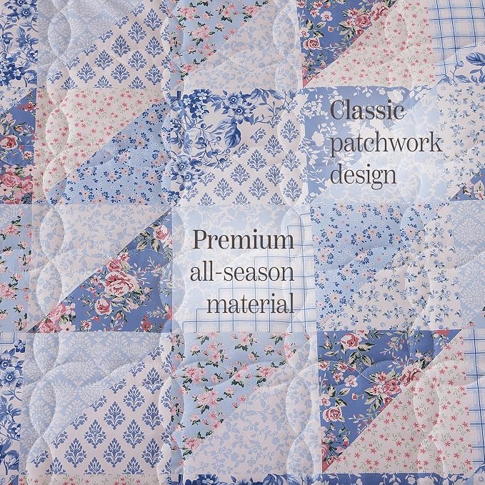 BLOOMHAVEN Quilt Set King Size, Patchwork Blue Pink Marigold Floral Quilt Sets - Image 6