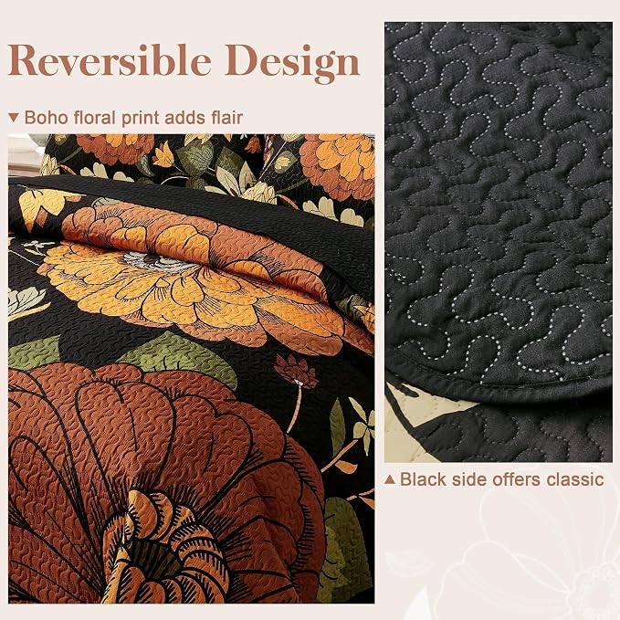 Tyrot 3 Piece Black Boho Floral Californial King Size Quilt Sets Reversible - Image 3