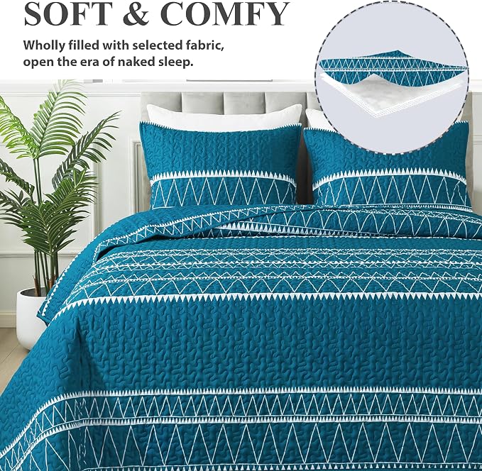 Andency Teal King Size Quilt Set, 3 Pieces Boho Lightweight Soft Striped - Image 4
