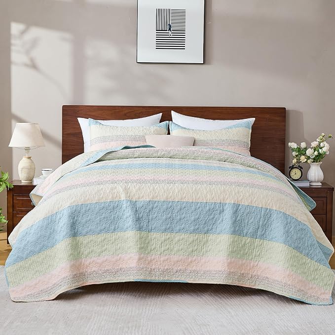 Andency Queen Quilt Bedding Set Blue Pink, 3 Pieces Patchwork Summer Striped - Image 7