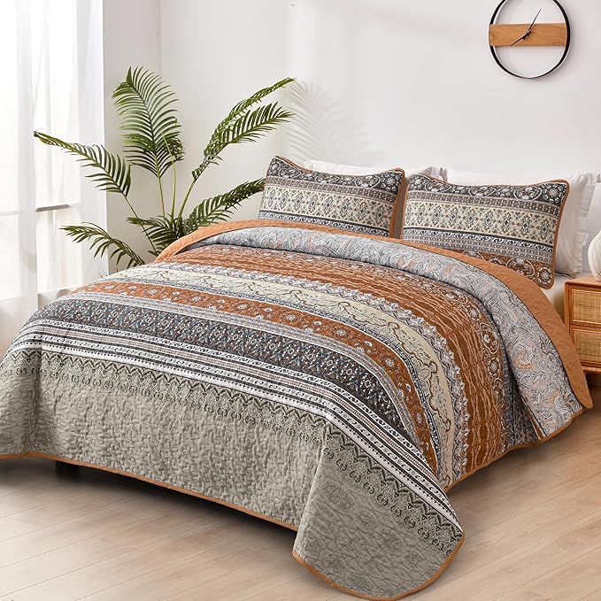 WONGS BEDDING Boho Queen Quilt Set, Fall Lightweight Bed Decor Bedspread - Image 2