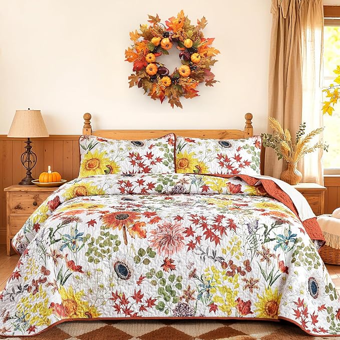 Yiran Fall Floral Quilt Set King Size, 3 Pieces Soft Lightweight Microfiber by Yiran