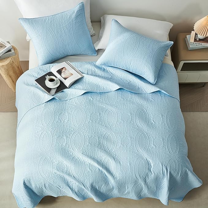 akkialla Queen Quilt Bedding Set, Sky Blue Ultrasonic Full/Queen Quilt Set - Image 3