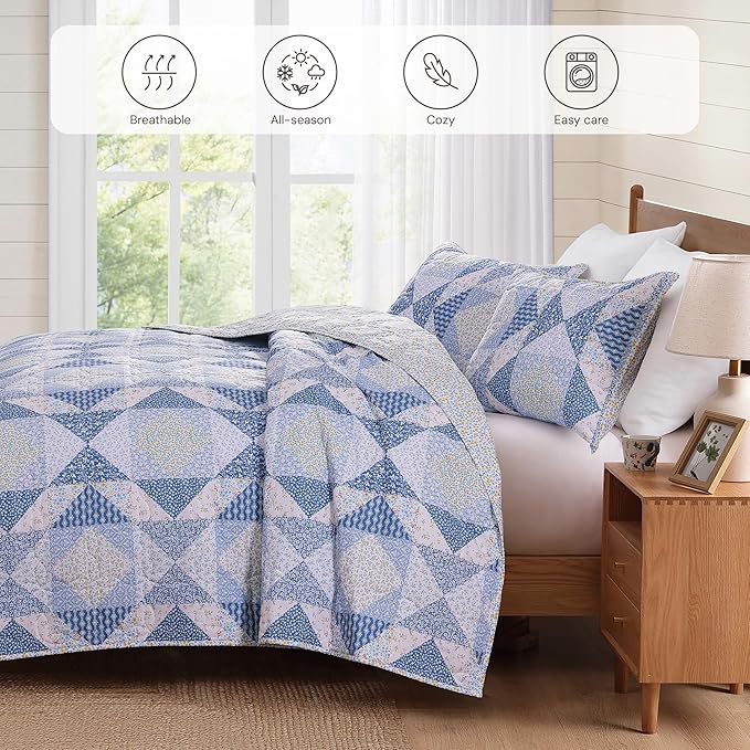 BLOOMHAVEN Quilt Set Queen Size, Patchwork Blue Marigold Floral Quilt Sets - Image 4