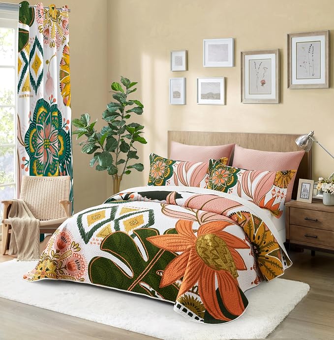 Tyrot 3 Piece Boho Floral Full/Queen Quilt Sets Farmhouse Botanical Reversible - Image 2