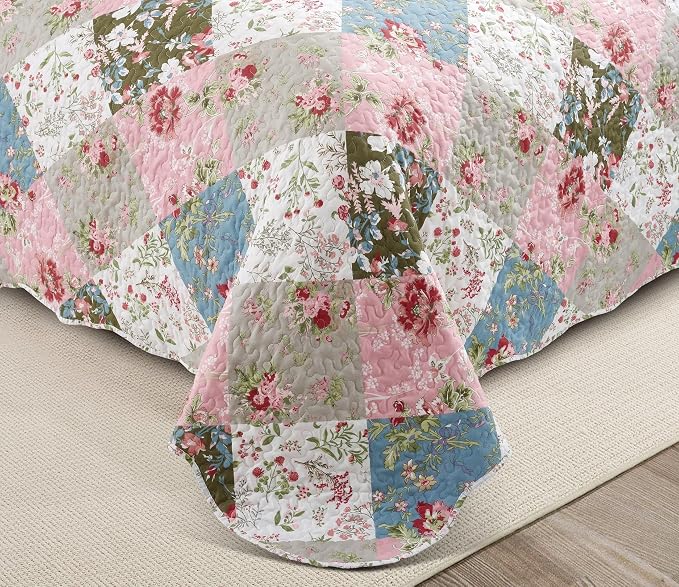 Brilliant Sunshine Peach and Olive Flowers Patchwork, 3-Piece Quilt Set - Image 4