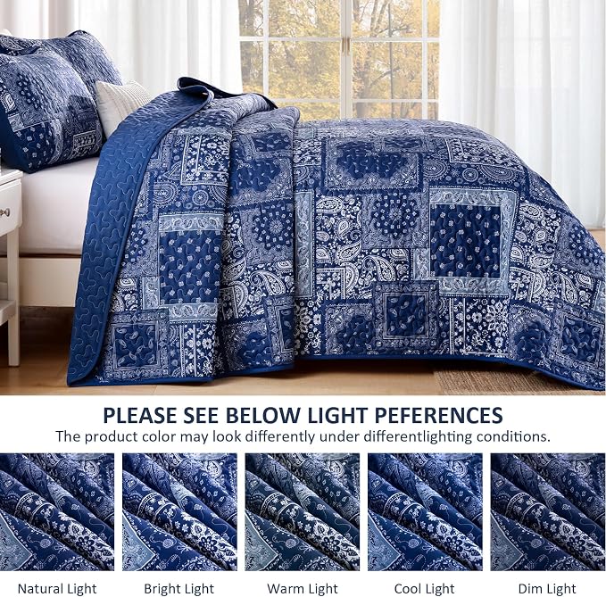 Cottolester Queen Quilt Set 3 Pieces, Boho Farmhouse Bedspread Soft Microfiber - Image 5