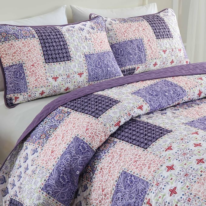 Xruibed Patchwork Quilt Set King Size 3 Pieces Plaid Floral Bedspread Coverlet - Image 3