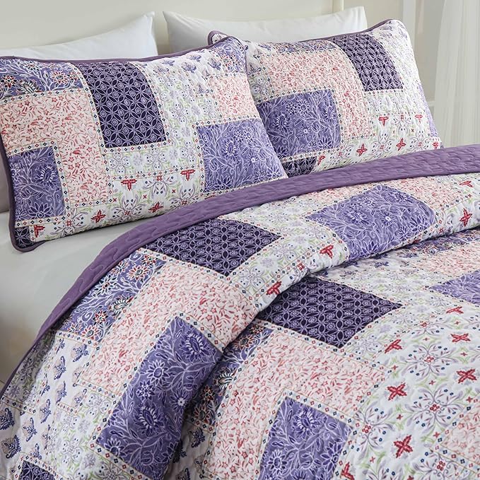 Xruibed Patchwork Quilt Set Queen Size 3 Pieces Purple Floral Plaid Bedspread - Image 3