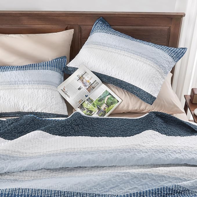 Andency Navy Blue Striped Quilt King, 3 Pieces Patchwork Bedspread Coverlet Set - Image 2
