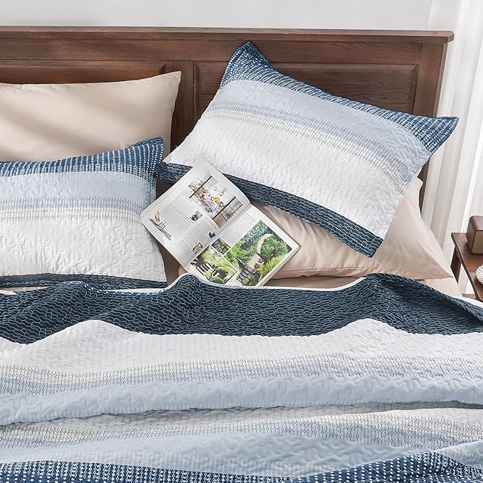 Andency Navy Blue Striped Quilt Queen, 3 Pieces Patchwork Bedspread Coverlet Set - Image 2