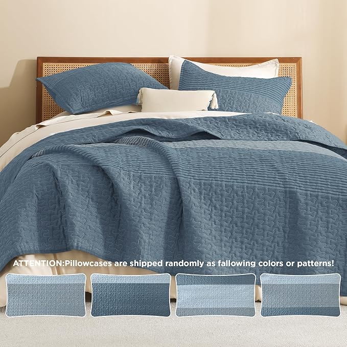 Litanika Oversized King Quilt Set Blue Linen, 128x120 Stripe Bedspread Coverlet - Image 5