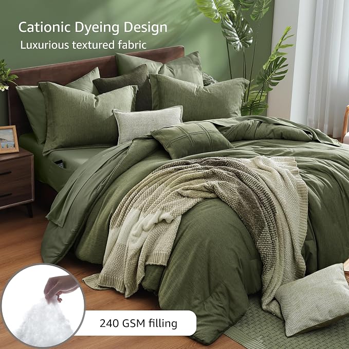 Monbix Super King Plus Comforter Set, Olive Green Cationic Dyeing Bedding Set - Image 3