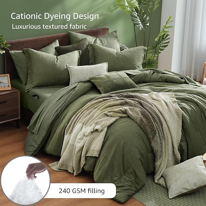 Monbix Full Size Comforter Set, Olive Green Bedding Comforter - Image 3