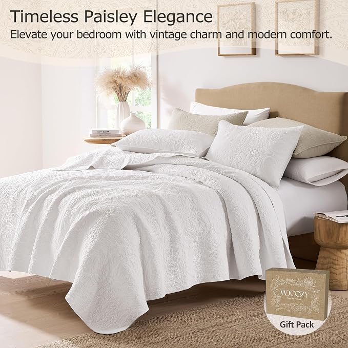 palassio White Paisley 100% Cotton Quilt Twin Size Bedding Sets - Image 2