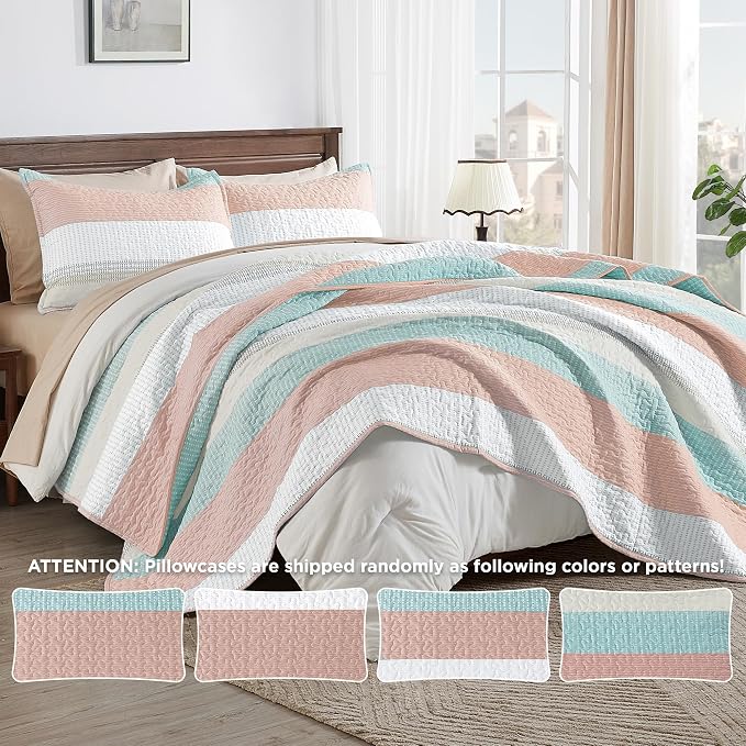 Andency Queen Quilt Bedding Set Pink Green, 3 Pieces Patchwork Summer Striped - Image 5