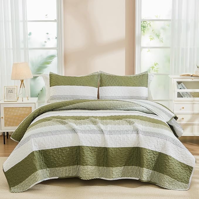 Andency Queen Quilt Bedding Set Olive, 3 Pieces Patchwork Olive Green Striped - Image 8