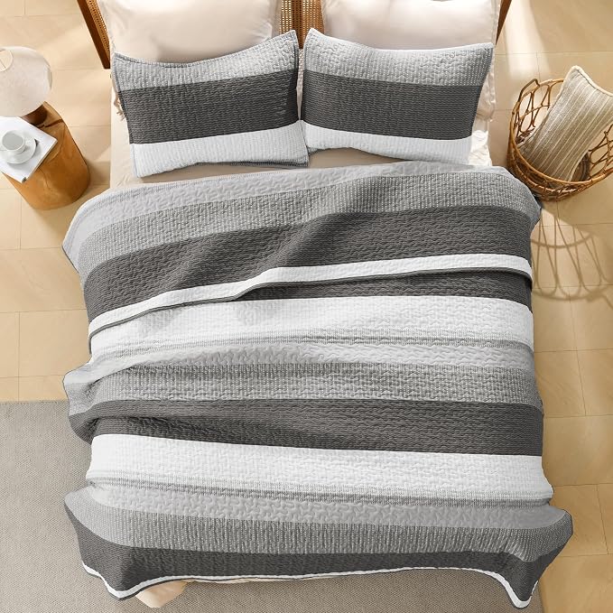 Litanika Quilt Queen Size Dark Grey, Stripe Patchwork Summer Bedspread Coverlet - Image 3