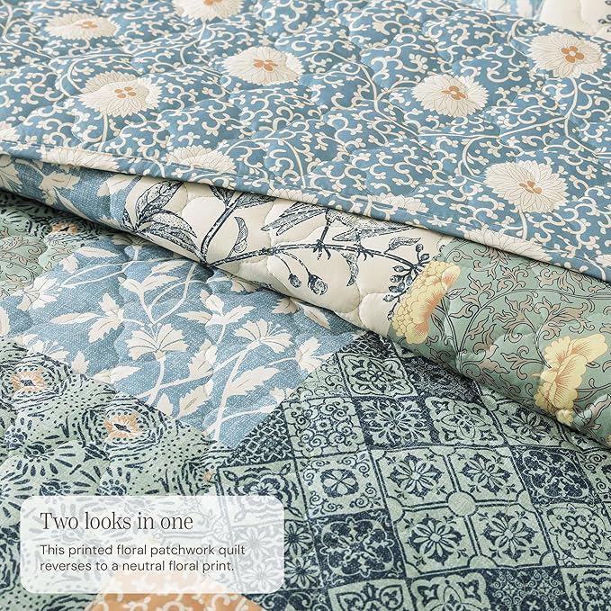BLOOMHAVEN Quilt Set King Size, Patchwork Green Floral Quilt Sets, Reversible - Image 3