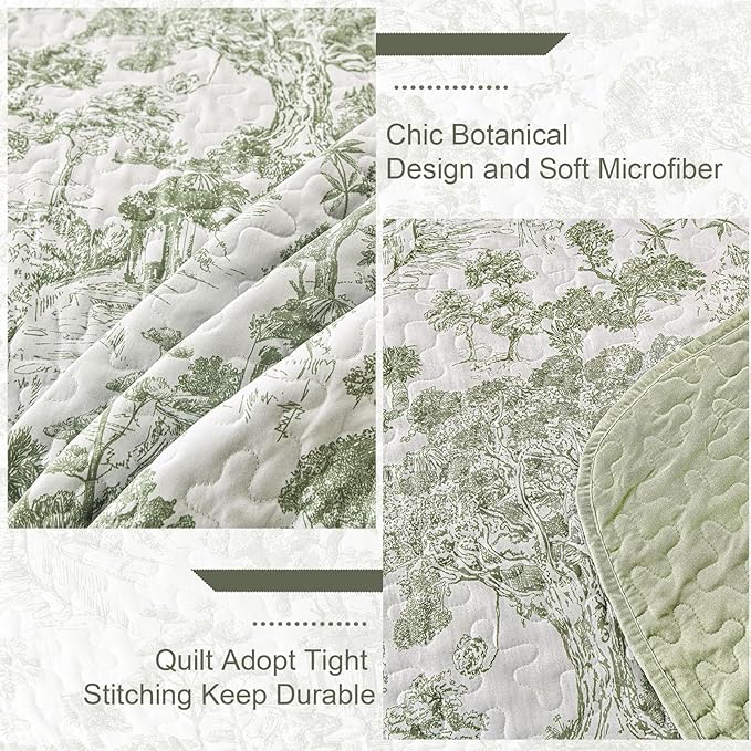 WONGS BEDDING Botanical Quilt Set King, Sage Green 3 Pieces Toile Floral Plants - Image 5