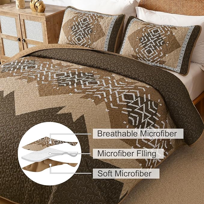 Dintszyayue Brown Quilt Set Queen Size, 3 Piece Boho Aztec Texture Bedspread - Image 7