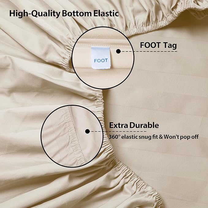 King Size Striped Fitted Sheet Only Beige Color, 100% Egyptian Cotton 600 - Image 4