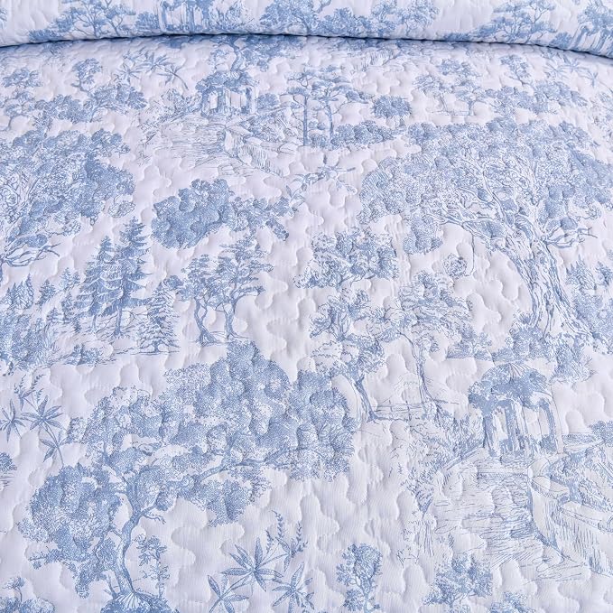 WONGS BEDDING Blue Quilt Set Queen Size, 3 Pieces Botanical Bedspreads Set - Image 6