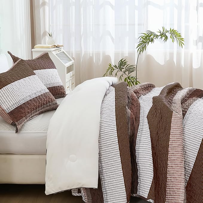 Andency Queen Quilt Bedding Set Brown, 3 Pieces Patchwork Coffee Striped Ultra - Image 2