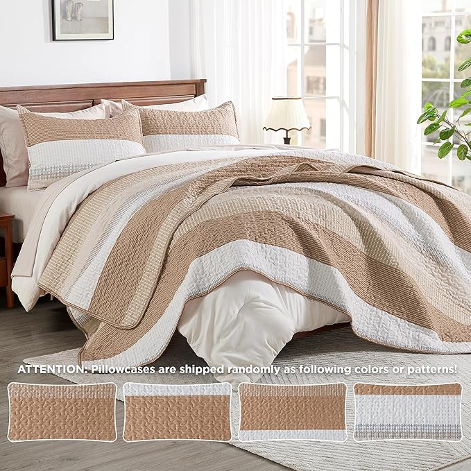 Andency Taupe Striped Quilt King, 3 Pieces Patchwork Bedspread Coverlet Set - Image 4