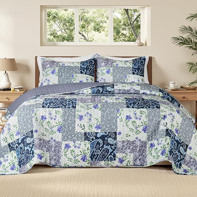 Whale Flotilla Patchwork Quilt King Size, Soft Boho Floral Bedspreads by WHALEFLOTILLA
