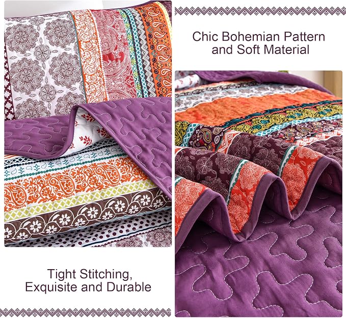 WONGS BEDDING Boho Quilt Set Queen Size, Lightweight Soft Microfiber Bedding Set - Image 5