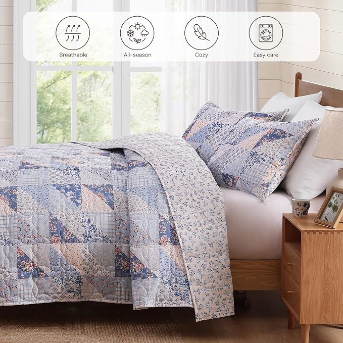 BLOOMHAVEN Quilt Set King Size, Patchwork Blue Pink Marigold Floral Quilt Sets - Image 4